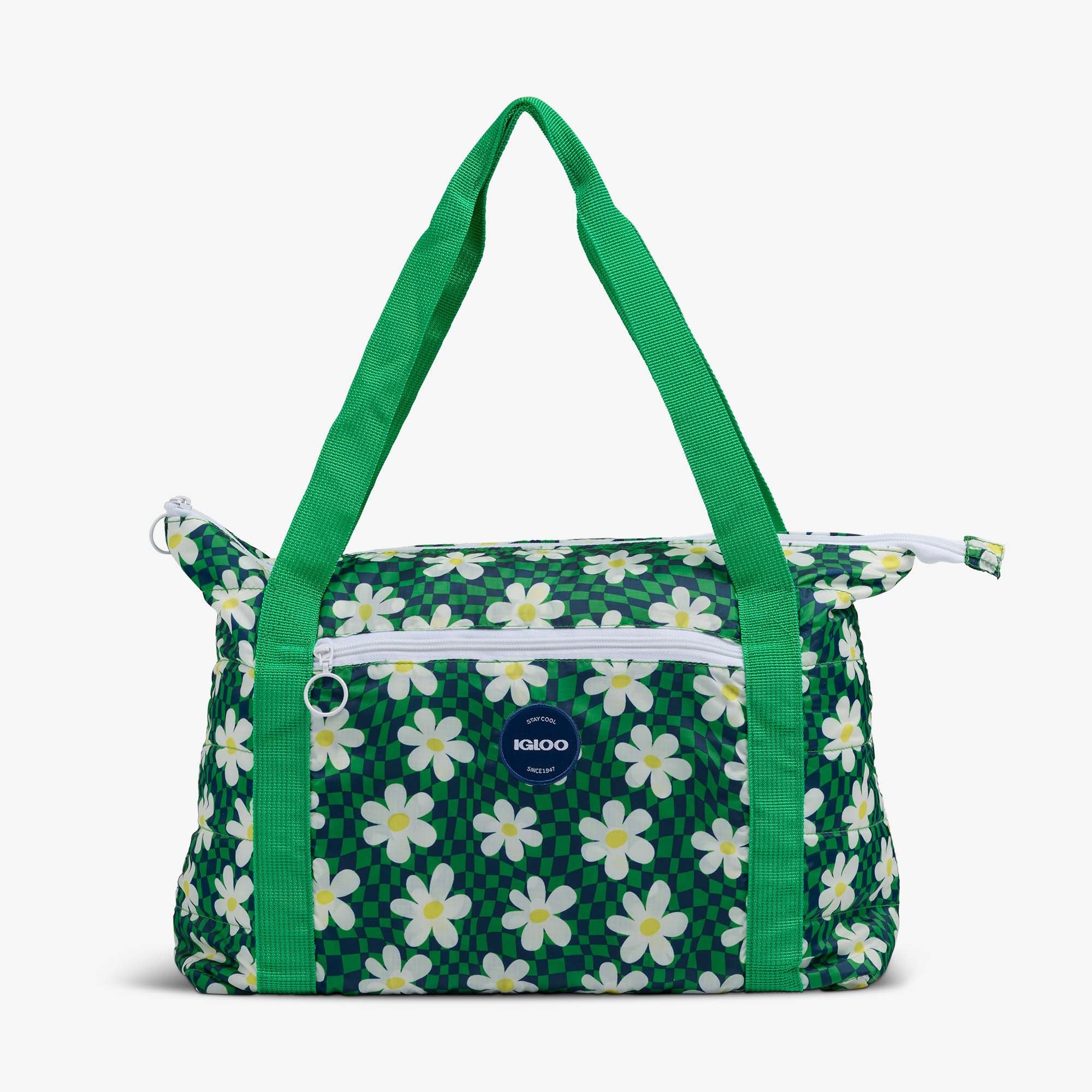 Retro Packable Puffer 20-Can Cooler Bag F8 - Psychedelic Daisy - Front View